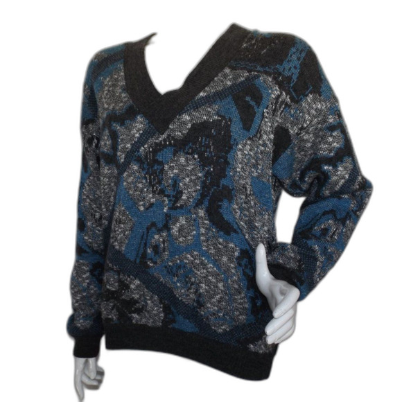 PRINCE BELLINI Sweater, M, Acrylic/Wool, V-neck, Abstract Pattern, VINTAGE - Picture 3 of 10